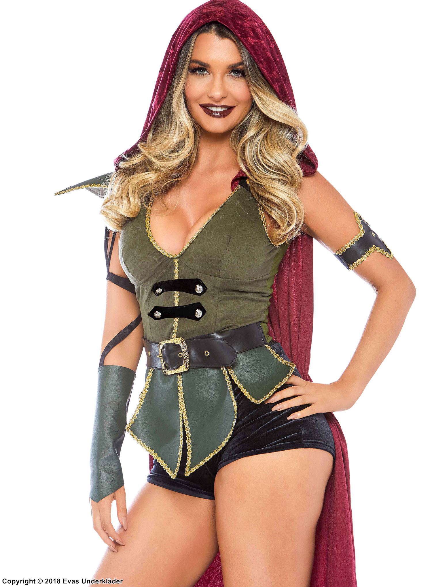 Kvinnlig Robin Hood, maskeraddräkt med topp och shorts, sammet, bälte och huva